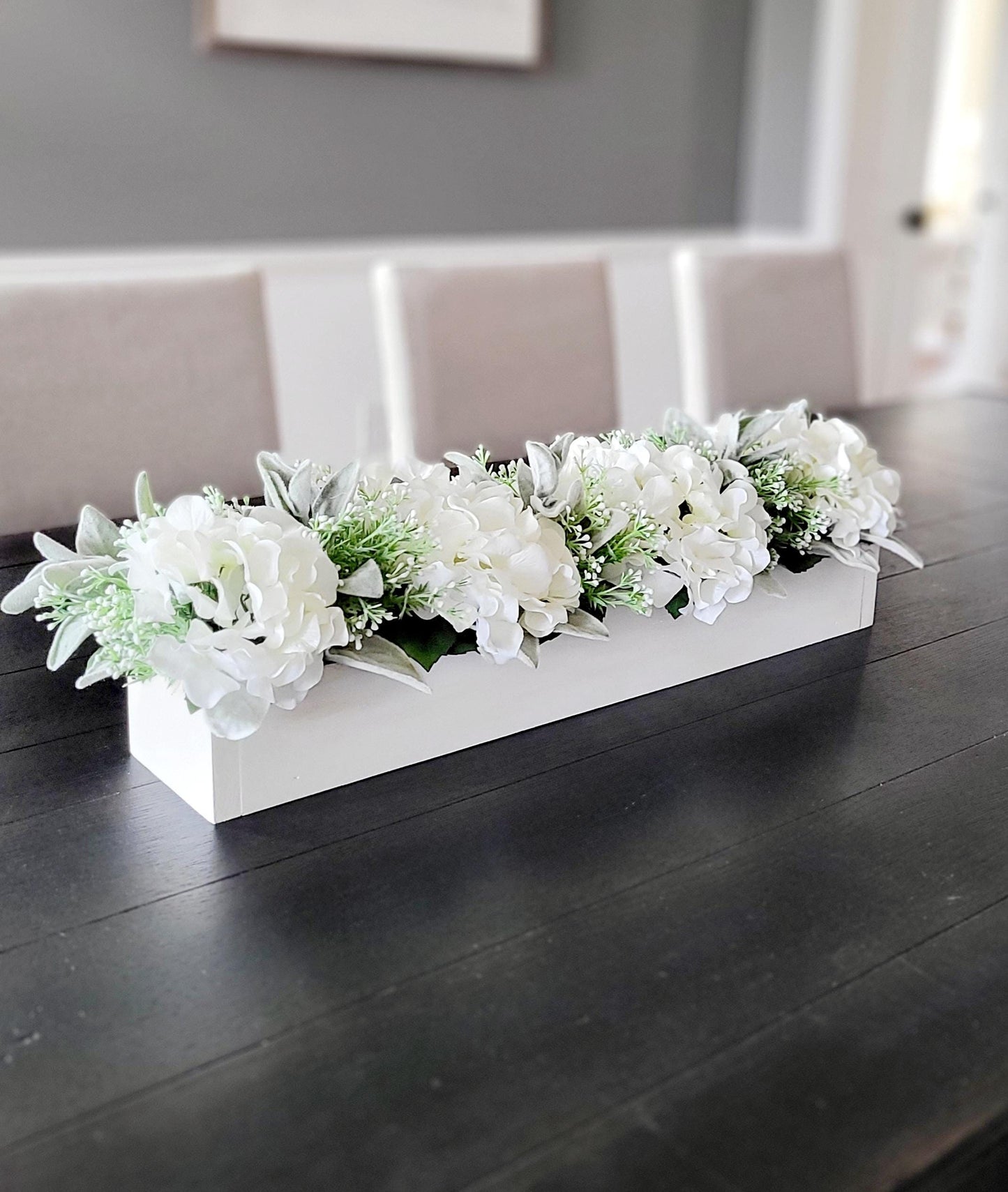 Farmhouse Table Centerpiece Rustic Wooden Box Arrangement Silk Hydrangea Flowers Custom Built Container Various Size Options Artificial Floral Display Dining Table Decoration Country Style Home Accent Elegant Mantle Decor Realistic Faux