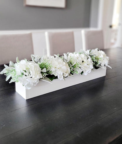 Farmhouse Table Centerpiece Rustic Wooden Box Arrangement Silk Hydrangea Flowers Custom Built Container Various Size Options Artificial Floral Display Dining Table Decoration Country Style Home Accent Elegant Mantle Decor Realistic Faux