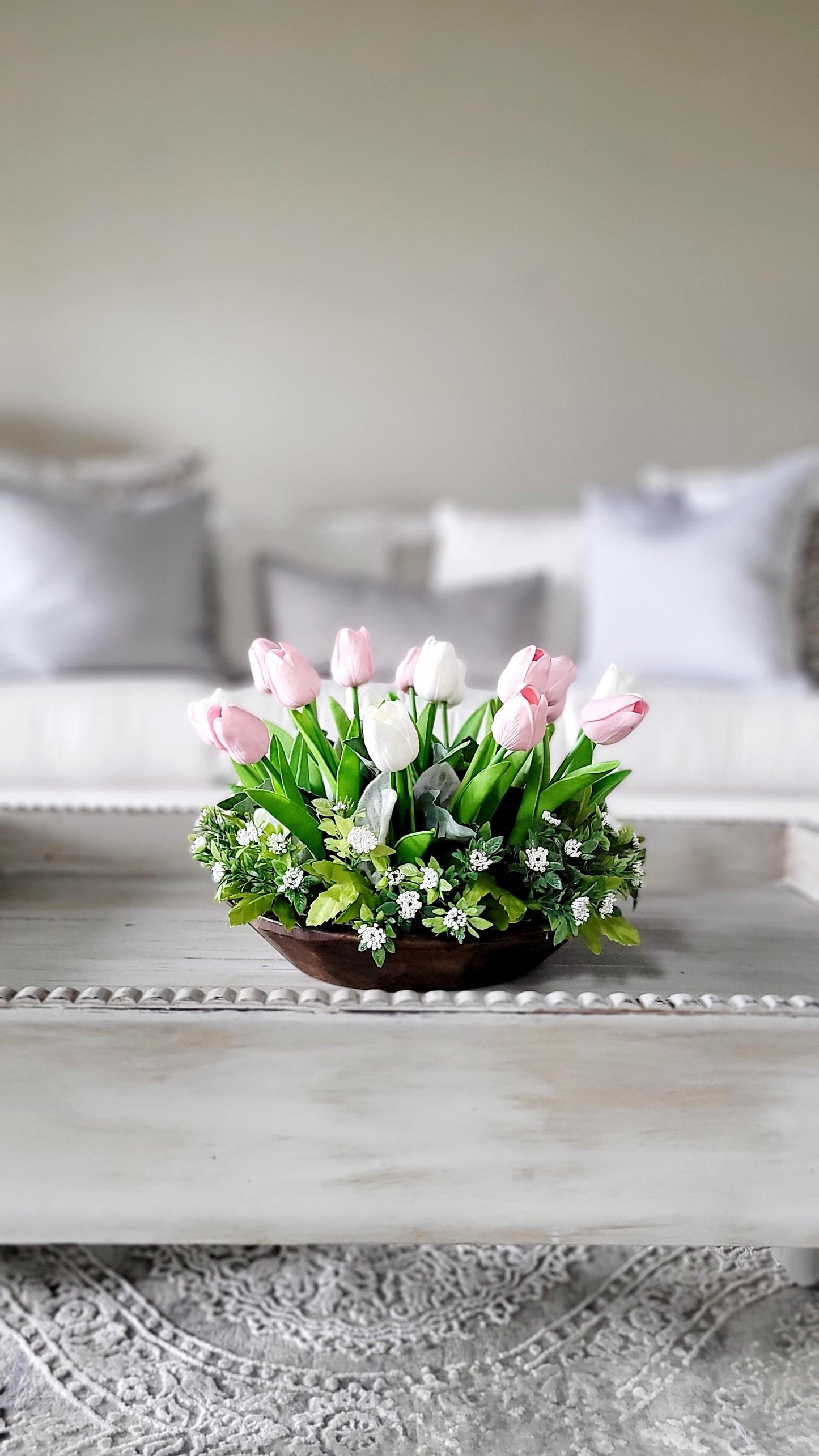 Tulip Centerpiece – Lifelike Silk Flowers in Rustic Dough Bowl Arrangement