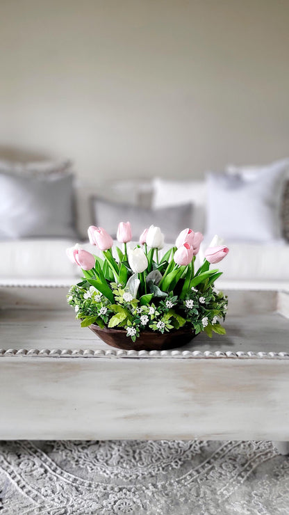 Tulip Centerpiece – Lifelike Silk Flowers in Rustic Dough Bowl Arrangement
