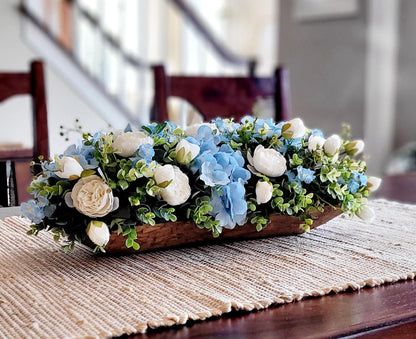 Artificial Floral Arrangement Blue Flower Centerpiece Silk Hydrangea Peony Rose Display Rustic Wooden Dough Bowl Farmhouse Kitchen Table Dining Room Decoration Faux Botanical Greenery Elements Country Cottage Coastal Style Home Accent