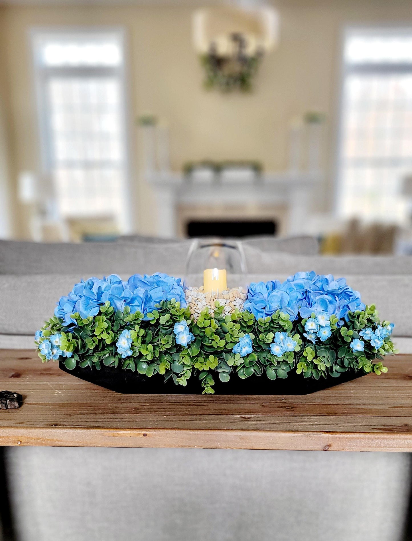 Candle Centerpiece Candle Arrangement Farmhouse Decor Blue Hydrangea Arrangement Greenery Arrangement Rustic Table Decor Dining table