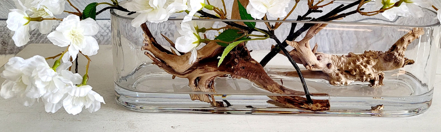 Dining Table Centerpiece – Modern White Orchid with Driftwood in Glass Vase