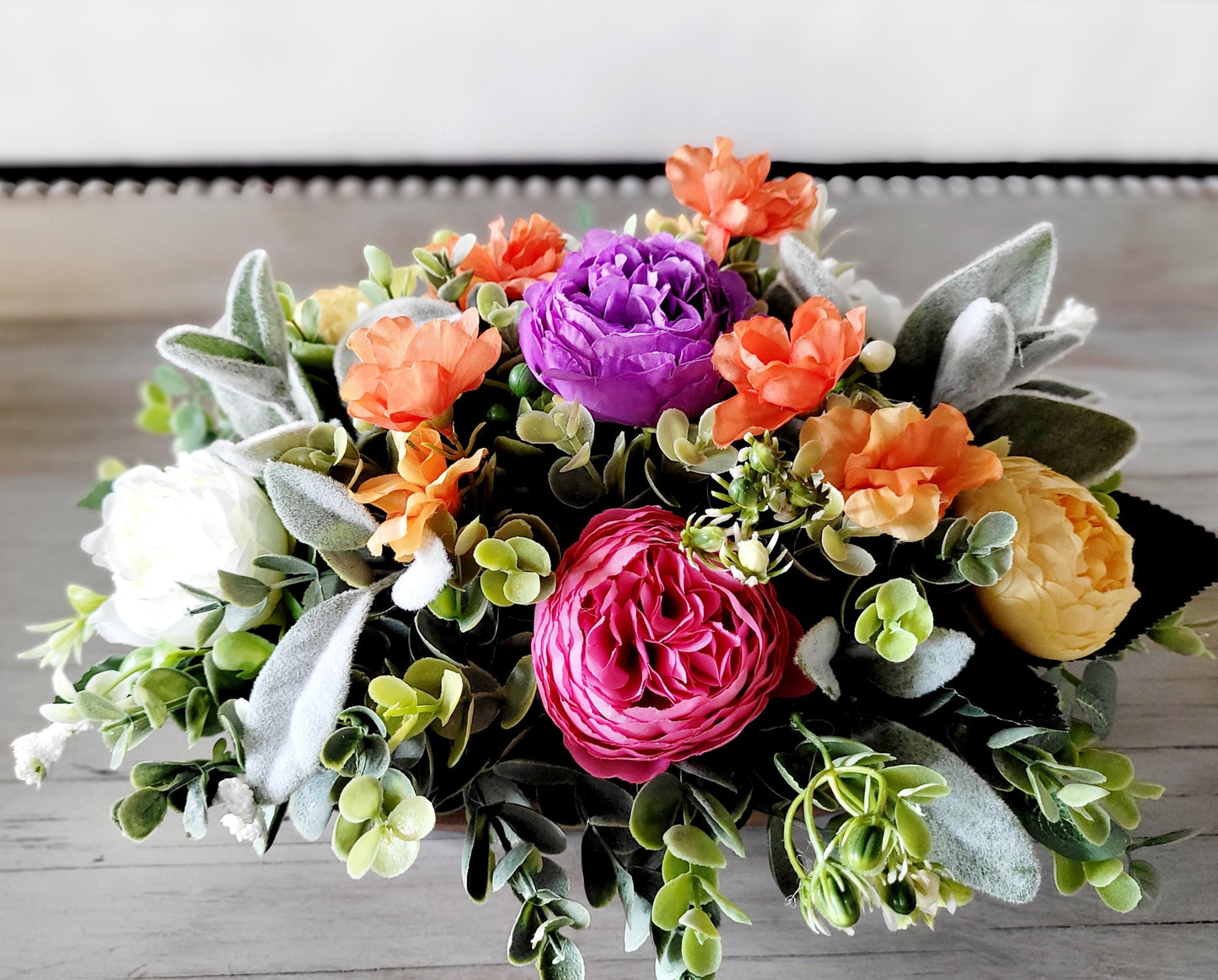 Large Wooden Bowl Centerpiece Handcarved Dough Bowl Design Realistic Cream Peonies Arrangement Farmhouse Table Decoration Rustic Home Accent Faux Floral Display Natural Wood Texture Multiple Size Options Elegant Dining Room Accessory