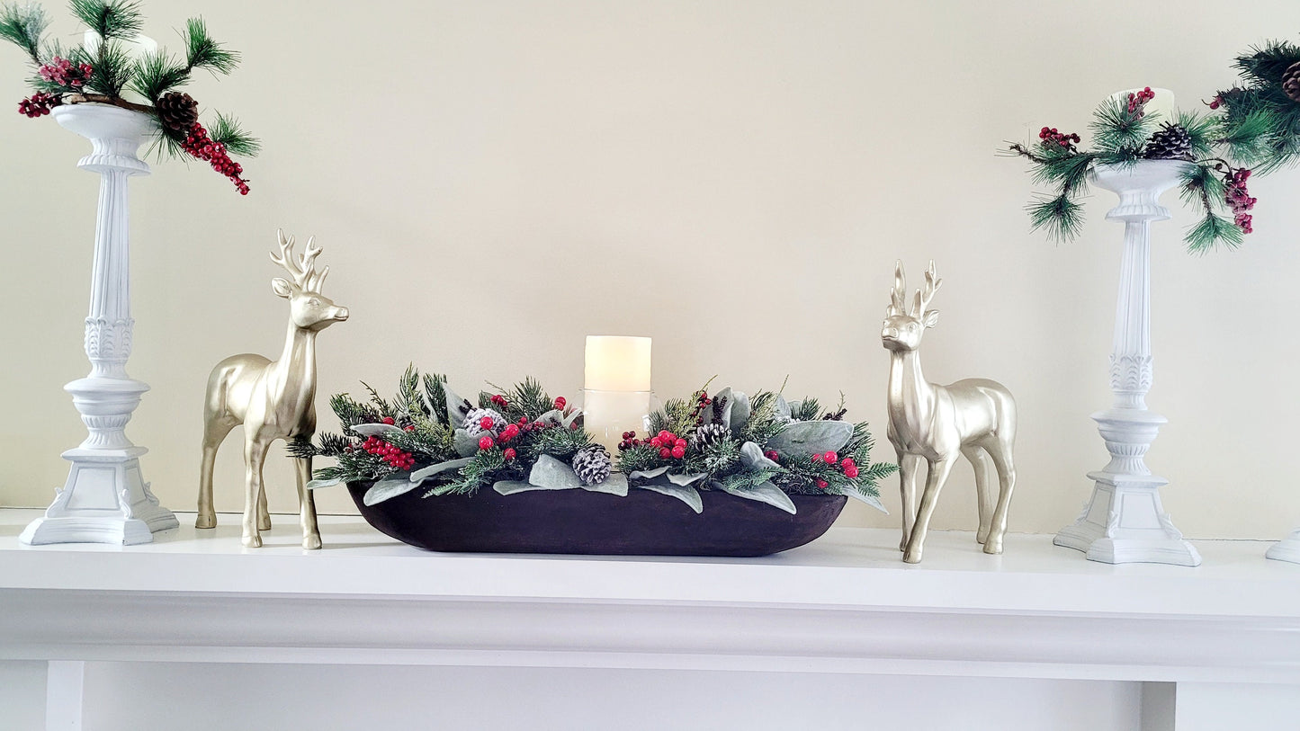 Dough Bowl Christmas Dining Table Centerpiece Candle Centerpiece Hand Carved Dough Bowl Winter Arrangement Pine Floral Arrangement Gift