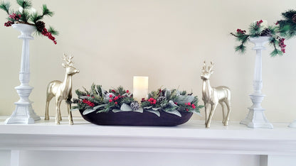 Dough Bowl Christmas Dining Table Centerpiece Candle Centerpiece Hand Carved Dough Bowl Winter Arrangement Pine Floral Arrangement Gift