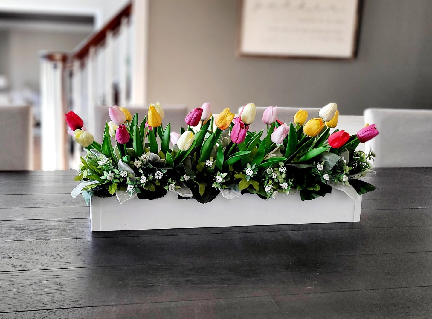 Tulip Flower Arrangement Farmhouse Long Box Tulip Arrangement Spring Flower Centerpiece Real Touch Tulips Mantel Flower Box Easter Flowers