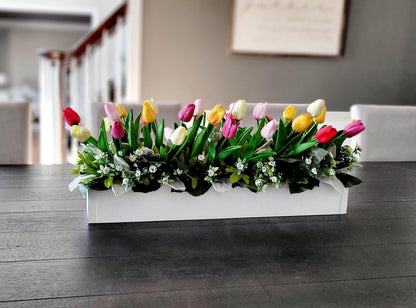 Tulip Flower Arrangement Farmhouse Long Box Tulip Arrangement Spring Flower Centerpiece Real Touch Tulips Mantel Flower Box Easter Flowers