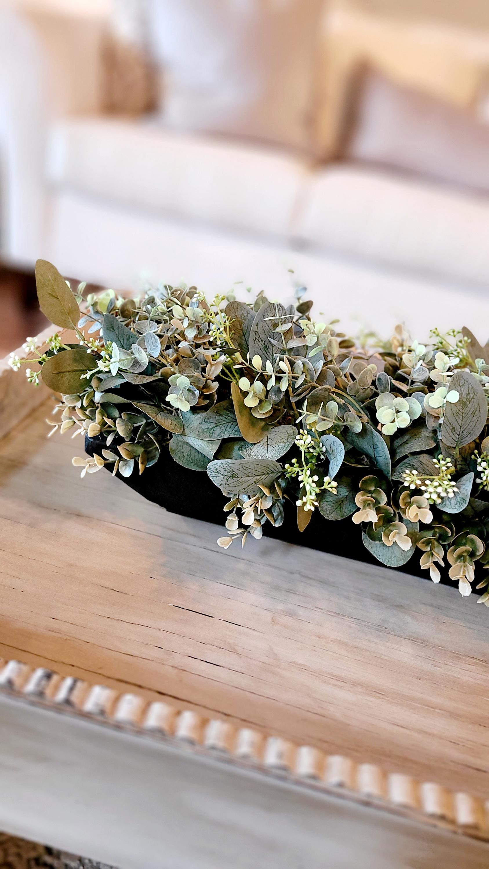 Rustic Centerpiece Collection Wooden Dough Bowl Design Faux Eucalyptus Arrangement Farmhouse Table Styling Artificial Greenery Display Hand Carved Wood Construction Custom Painted Finish Battery Candle Included Housewarming Gift Idea New