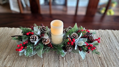 Dough Bowl Christmas Dining Table Centerpiece Candle Centerpiece Hand Carved Dough Bowl Winter Arrangement Pine Floral Arrangement Gift