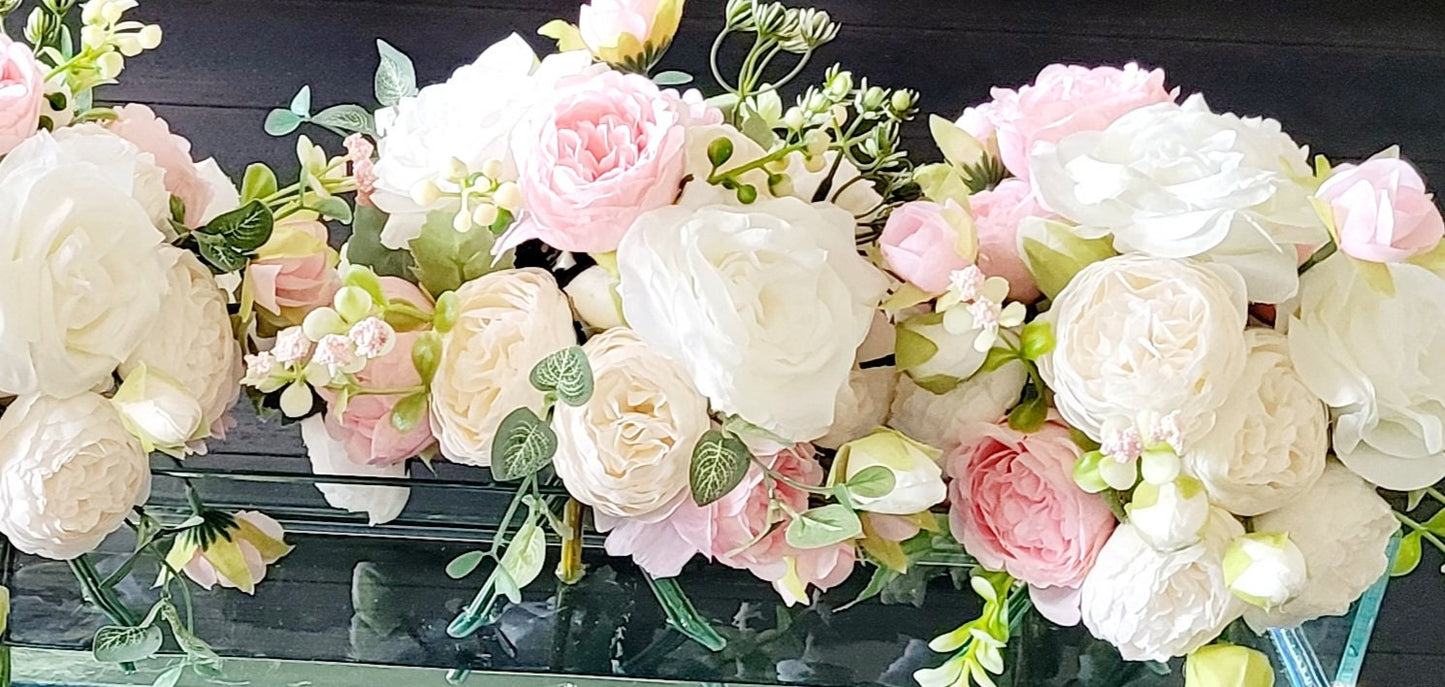 Silk Flower Arrangement Clear Glass Modern Dining Table Centerpiece Bridal Arrangement Long Rectangular Vase Real Touch Roses Flower Peony
