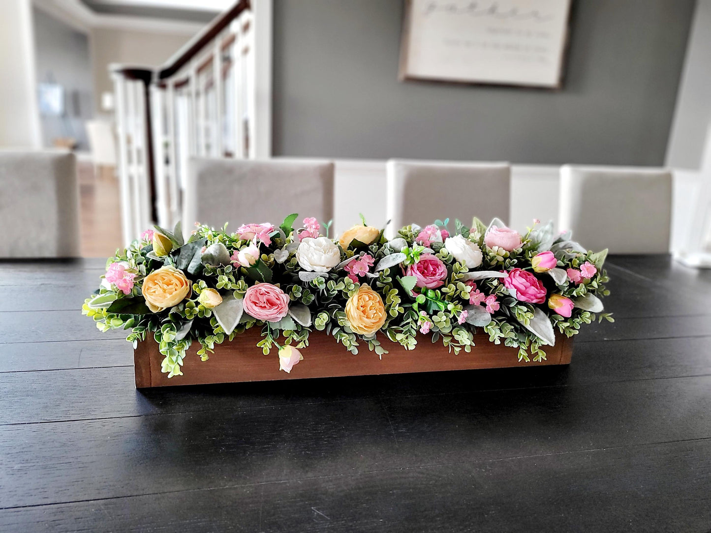 Dining Table Centerpiece – Farmhouse Wood Box with Silk Peonies Spring Kitchen Decor