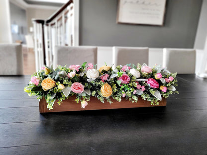 Dining Table Centerpiece – Farmhouse Wood Box with Silk Peonies Spring Kitchen Decor