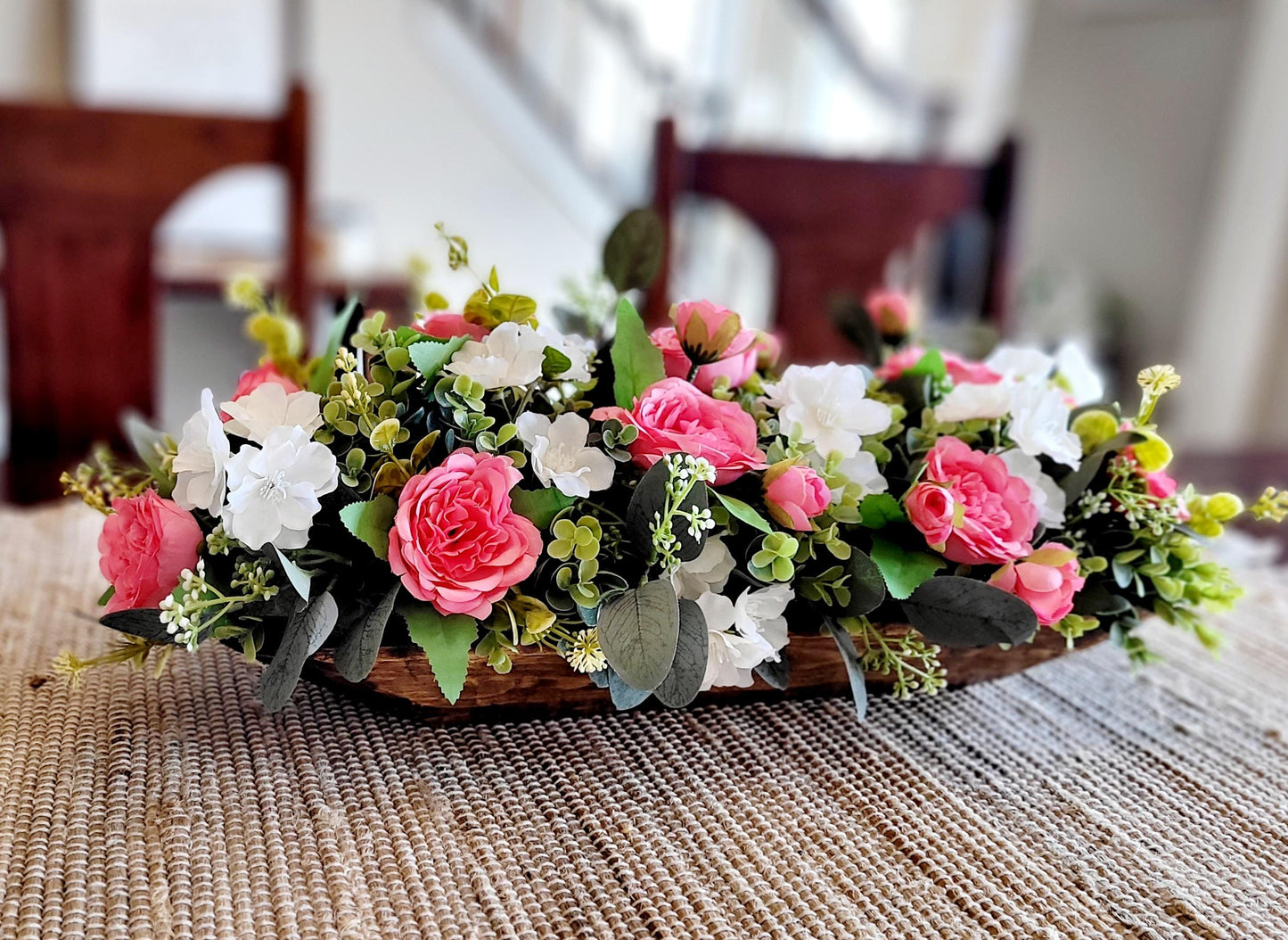 Dough Bowl Pink Peony Flower centerpiece farmhouse kitchen table decor pink rose arrangement gift Mom gift her floral gift her faux peony