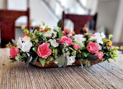 Dough Bowl Pink Peony Flower centerpiece farmhouse kitchen table decor pink rose arrangement gift Mom gift her floral gift her faux peony