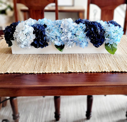 Navy Blue Flower Blue Hydrangea Arrangement French country Decor wood box Arrangement Blue Flower Centerpiece Blue white Floral Arrangement