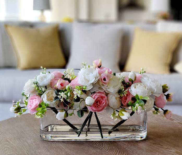 Silk Flower Centerpiece – Real Touch Roses & Peonies in Rectangular Glass Vase