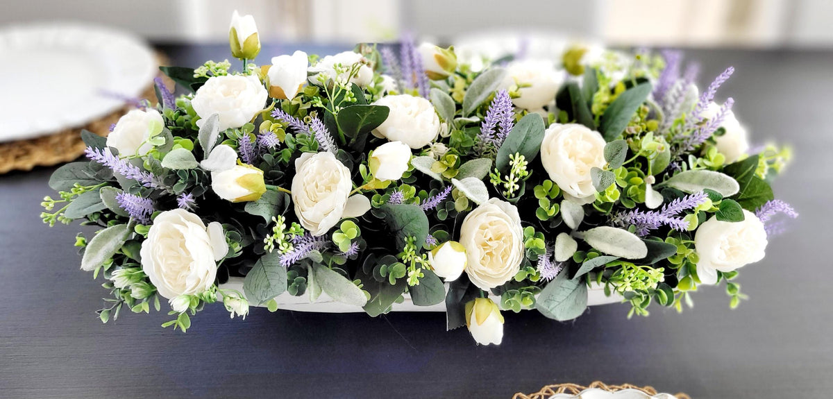 Lavender Dough Bowl Centerpiece – Rustic Farmhouse Spring Table Arrangement