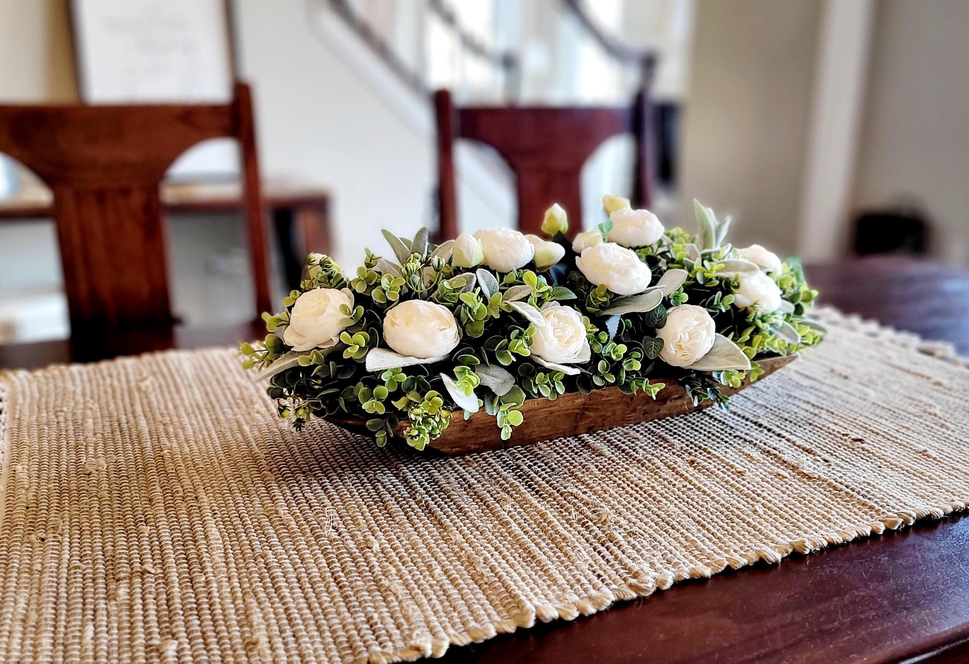 Rustic Floral Display Farmhouse Style Centerpiece Wooden Dough Bowl Arrangement Artificial Flowers Collection Silk Faux Peonies Lambs Ear Greenery Hand Carved Wood Container Custom Color Design Elegant Table Decor Home Accent Piece
