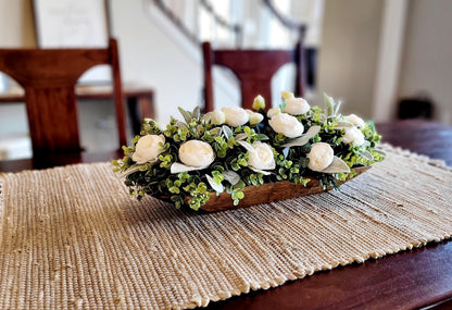 Rustic Floral Display Farmhouse Style Centerpiece Wooden Dough Bowl Arrangement Artificial Flowers Collection Silk Faux Peonies Lambs Ear Greenery Hand Carved Wood Container Custom Color Design Elegant Table Decor Home Accent Piece