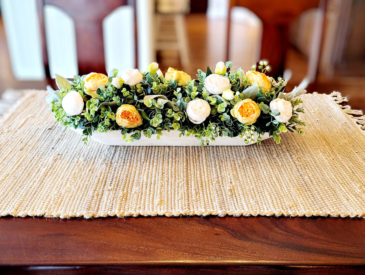 Silk Peony Arrangement Dough Bowl Centerpiece Yellow Toned Flowers Artificial Greenery Display Farmhouse Style Decoration Rustic Table Accent Handcarved Whitewash Bowl Beautiful Floral Design Country Home Decor Dining Table Centerpiece