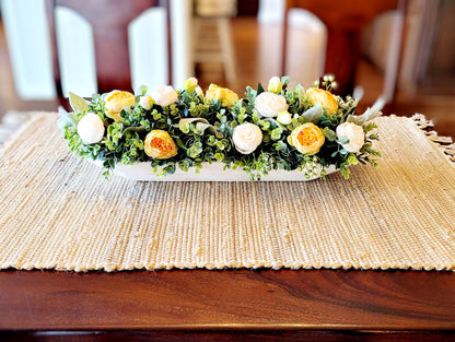 Silk Peony Arrangement Dough Bowl Centerpiece Yellow Toned Flowers Artificial Greenery Display Farmhouse Style Decoration Rustic Table Accent Handcarved Whitewash Bowl Beautiful Floral Design Country Home Decor Dining Table Centerpiece