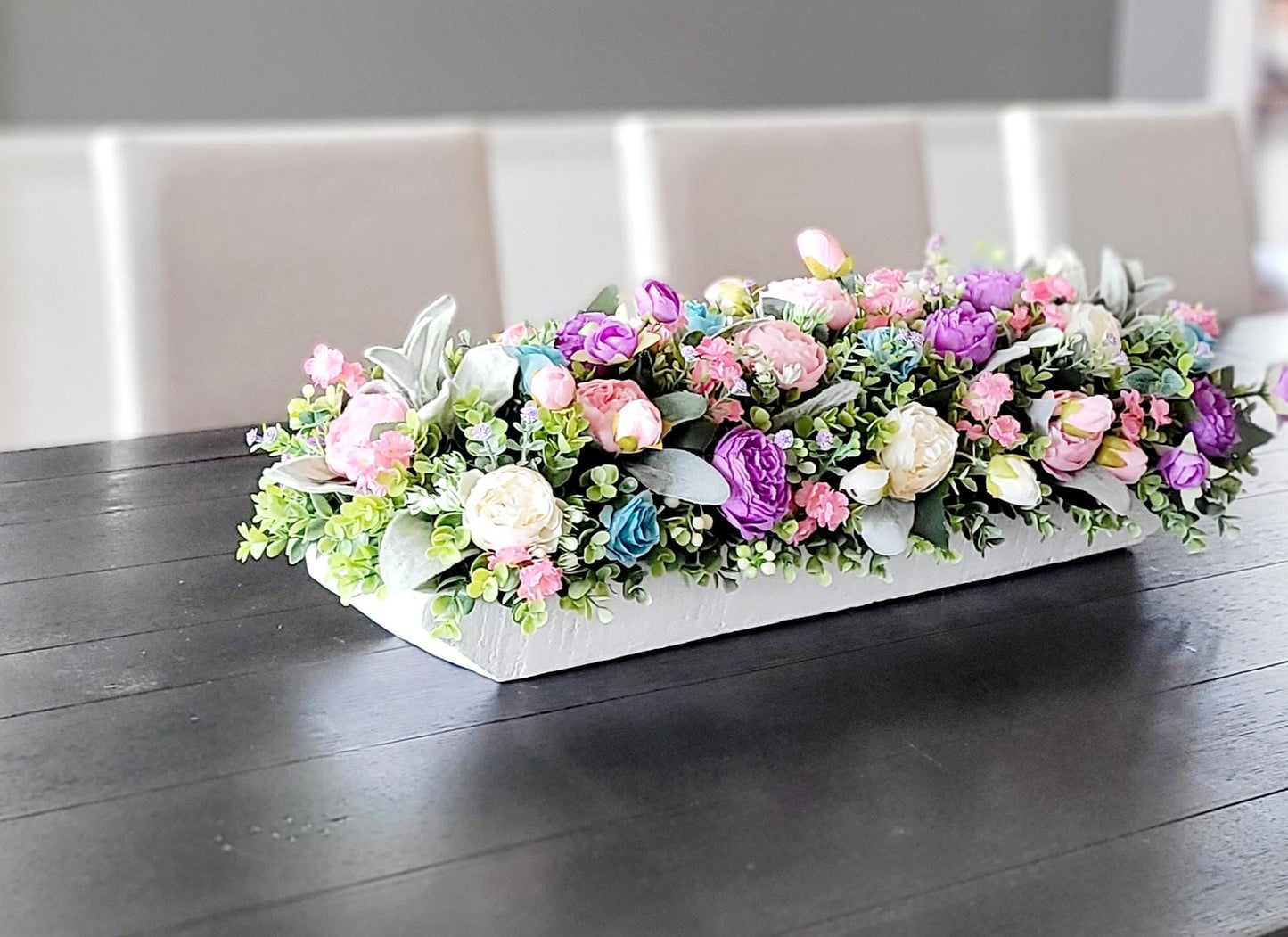 Artificial Flower Arrangement Purple Pink Peonies Turquoise Dough Bowl Centerpiece Elegant Table Display Farmhouse Style Decor Silk Floral Design Realistic Looking Blooms Handcrafted Home Accent Dining Room Decoration Versatile Styling