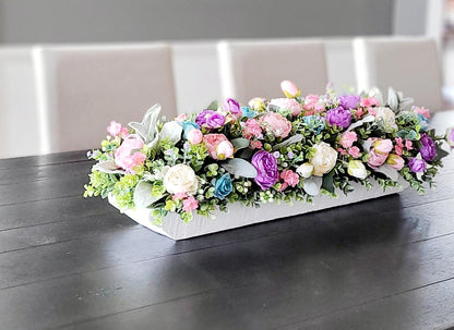 Artificial Flower Arrangement Purple Pink Peonies Turquoise Dough Bowl Centerpiece Elegant Table Display Farmhouse Style Decor Silk Floral Design Realistic Looking Blooms Handcrafted Home Accent Dining Room Decoration Versatile Styling