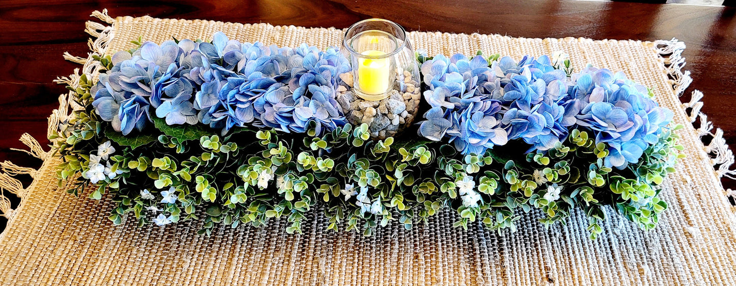 Spring Floral Arrangement Large Dough Bowl Farmhouse Blue Hydrangea Wood Bowl Arrangement Dining Room Farmhouse Centerpiece Flameless Candle