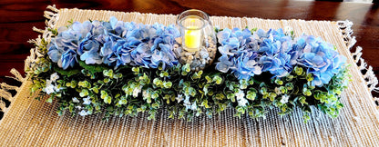 Spring Floral Arrangement Large Dough Bowl Farmhouse Blue Hydrangea Wood Bowl Arrangement Dining Room Farmhouse Centerpiece Flameless Candle