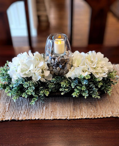 Dining Table Centerpiece Black Dough Bowl Design White Hydrangea Flowers Votive Candle Arrangement Rustic Farmhouse Decor Wooden Bowl Display Earth Tone Rocks Accent Seventeen Inch Length Ready Display Home Decoration Piece Country Style