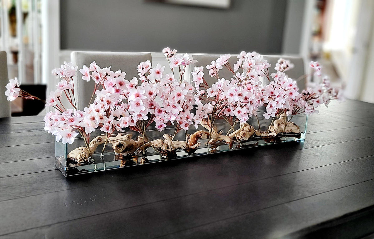 Glass Vase Centerpiece Silk Flower Arrangement Modern Peony Display Artificial Greenery Collection Faux Cherry Blossoms Driftwood Accents Resin Water Effect Realistic Floral Design Elegant Table Decoration Contemporary Home Styling Perfect