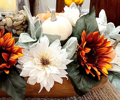 Fall Dining Room Arrangement Fall Fake Flower Sunflower Centerpiece Orange Sunflower Dough Bowl Arrangement Fall Candle Holder Centerpiece