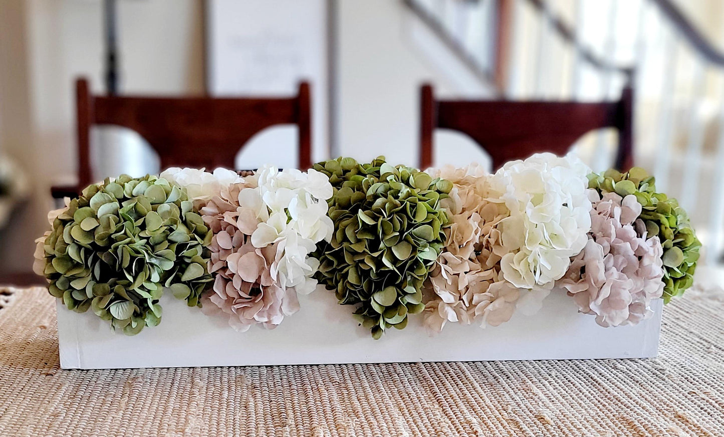 Dining table arrangement hydrangea floral centerpiece coffee table decor sage green flower decor wedding arrangement bridal flower wood box