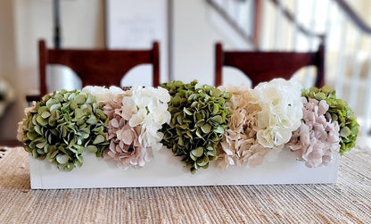 Dining table arrangement hydrangea floral centerpiece coffee table decor sage green flower decor wedding arrangement bridal flower wood box