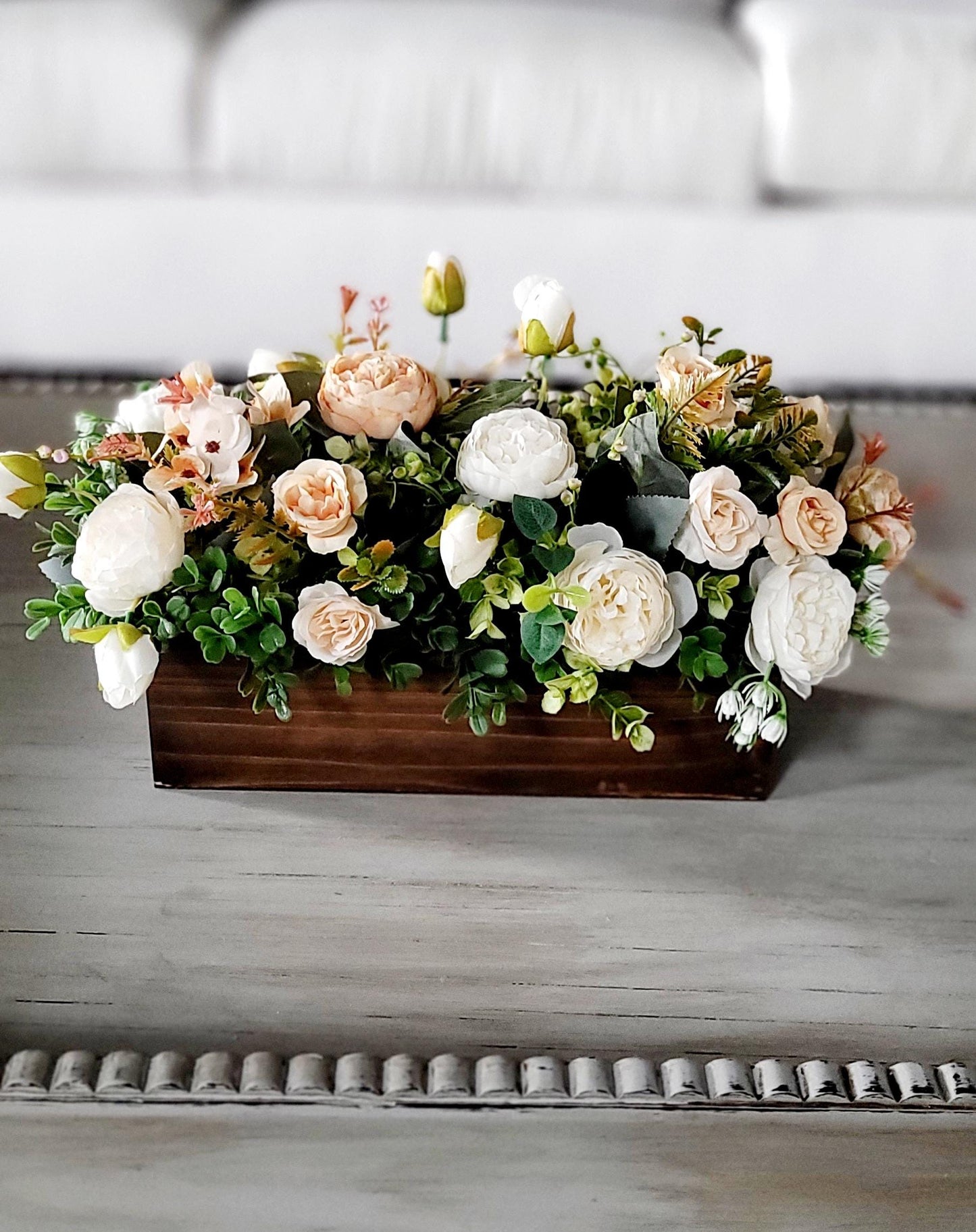 Flower Box Arrangement Rustic Wooden Centerpiece Silk Floral Collection Farmhouse Table Decoration Custom Built Container Faux Peonies Mini Roses Greenery Elegant Dining Accent Country Style Decor Beautiful Home Addition Perfect Gathering
