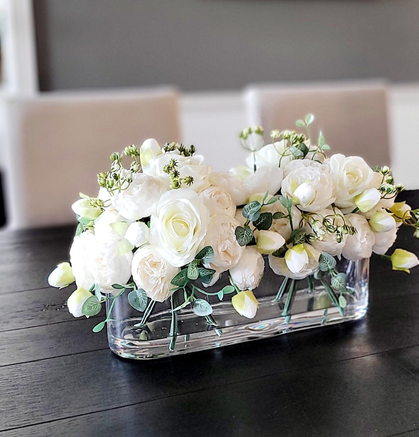 Artificial Rose Arrangement Silk Peony Blooms Modern Glass Vase Elegant Home Decor Realistic Faux Flowers Permanent Floral Display Maintenance Free Centerpiece Living Room Accent Dining Table Decoration Event Ready Design Stylish Interior