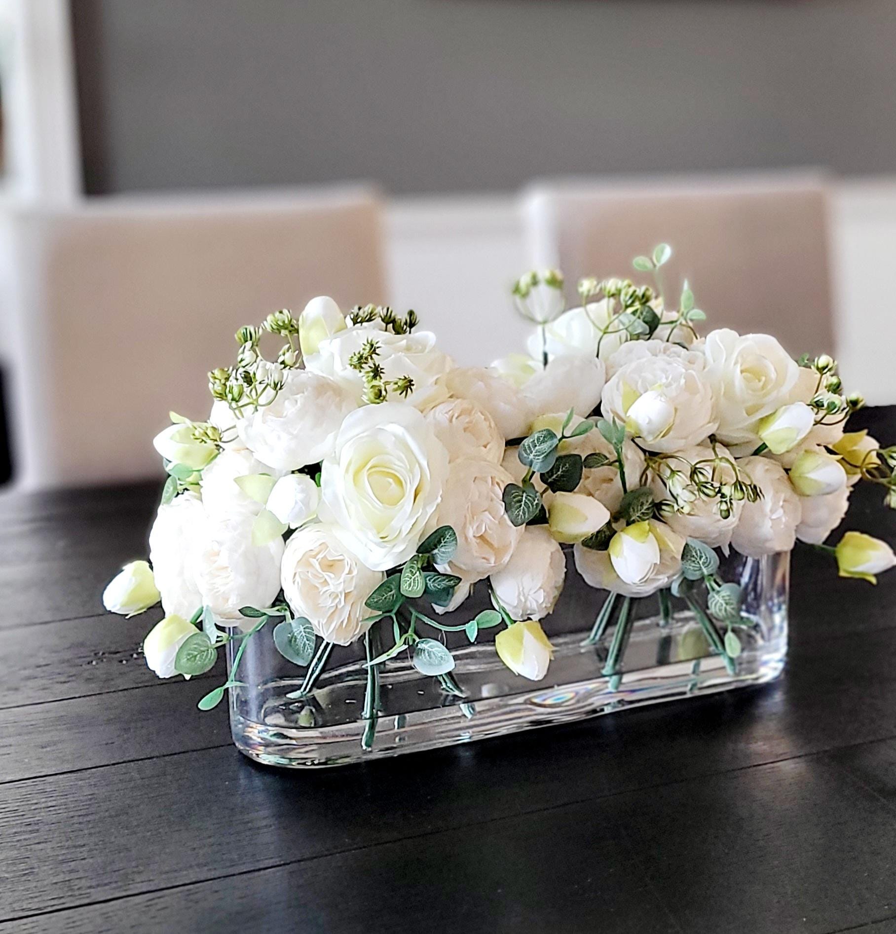 Artificial Rose Arrangement Silk Peony Blooms Modern Glass Vase Elegant Home Decor Realistic Faux Flowers Permanent Floral Display Maintenance Free Centerpiece Living Room Accent Dining Table Decoration Event Ready Design Stylish Interior