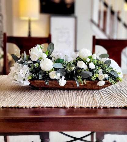 Silk Flower Arrangement Dining Table Display Artificial Roses Peonies Hydrangeas Centerpiece Wooden Dough Bowl Collection Spring Styling Perfect Farmhouse Rustic Kitchen Island Elegant Home Gift Ready Faux Floral Design Beautiful