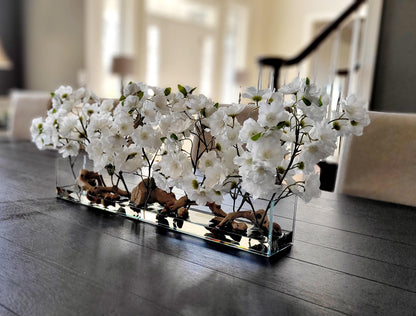 Cherry Blossom Arrangement dining table centerpiece elegant arrangement modern farmhouse decor artificial water arrangement long glass vase