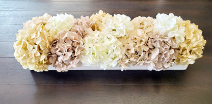 White Floral Arrangement Dining Table Centerpiece Farmhouse Box Design Hydrangea Flower Display Custom Wood Container Home Decor Accent Neutral Color Palette Artificial Silk Flowers Mantle Decoration Piece Wedding Table Setting Rustic Style