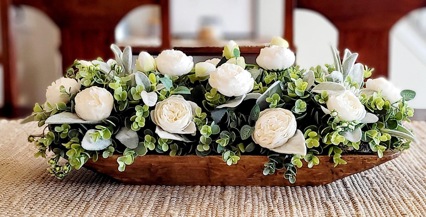 Elegant Home Decor Farmhouse Table Centerpiece Wooden Dough Bowl Arrangement Artificial Floral Display Silk Faux Flowers Peonies Lambs Ear Greenery Custom Color Wood Hand Carved Design Rustic Dining Table Accent Maintenance Free Decoration