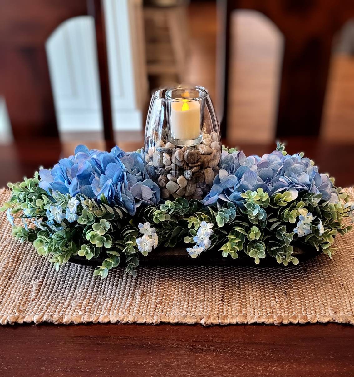 Rustic Table Centerpiece – Black Dough Bowl with Blue Hydrangeas and Candle