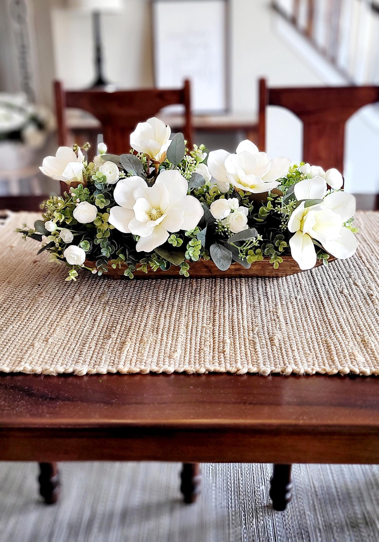 Dough Bowl Centerpiece – Silk Magnolia Arrangement for Elegant Dining Table Decor
