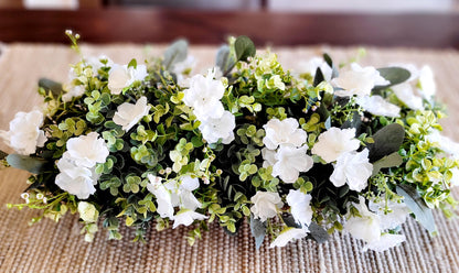 Wooden Dough Bowl Centerpiece White Flower Arrangement Rustic Farmhouse Design Dining Table Decor Coffee Table Styling Artificial Floral Creation Country Home Accent Elegant Table Display Long Table Decoration Interior Design Element