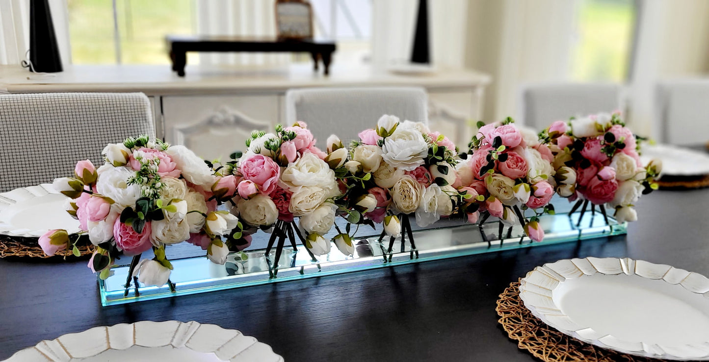 Silk Flower Centerpiece – Real Touch Roses & Peonies in Rectangular Glass Vase