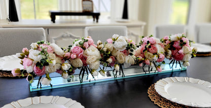 Silk Flower Centerpiece – Real Touch Roses & Peonies in Rectangular Glass Vase