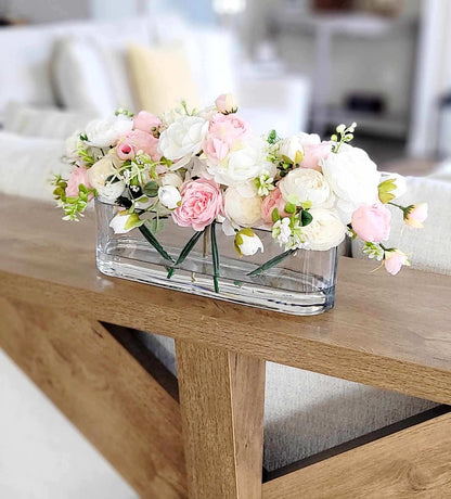 Silk Flower Centerpiece – Real Touch Roses & Peonies in Rectangular Glass Vase