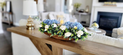 Dough Bowl Centerpiece – Handcrafted Farmhouse Floral Arrangement with Faux Hydrangeas