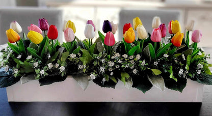 Farmhouse Tulip Centerpiece – Realistic Spring Flowers in Wooden Box